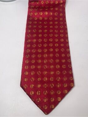 Longchamp Men’s Silk Tie Red with Gold Circles Dots Spelling‎ LONGCHAMP Luxury